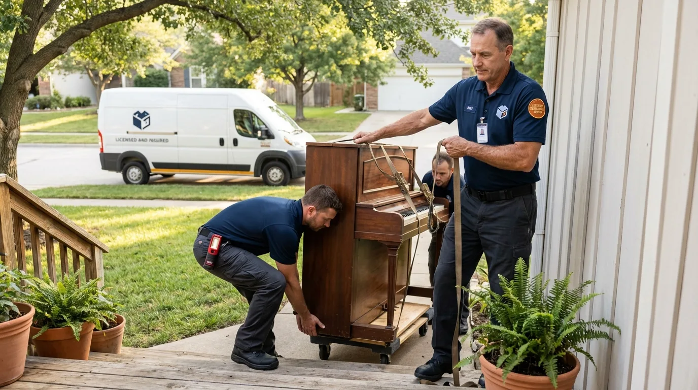 Licensed piano movers securing grand piano in Inwood, WV