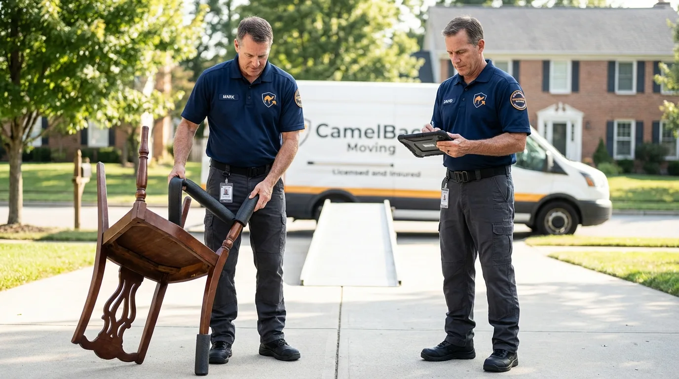 Movers inspecting furniture for damage prevention before loading in Inwood, WV