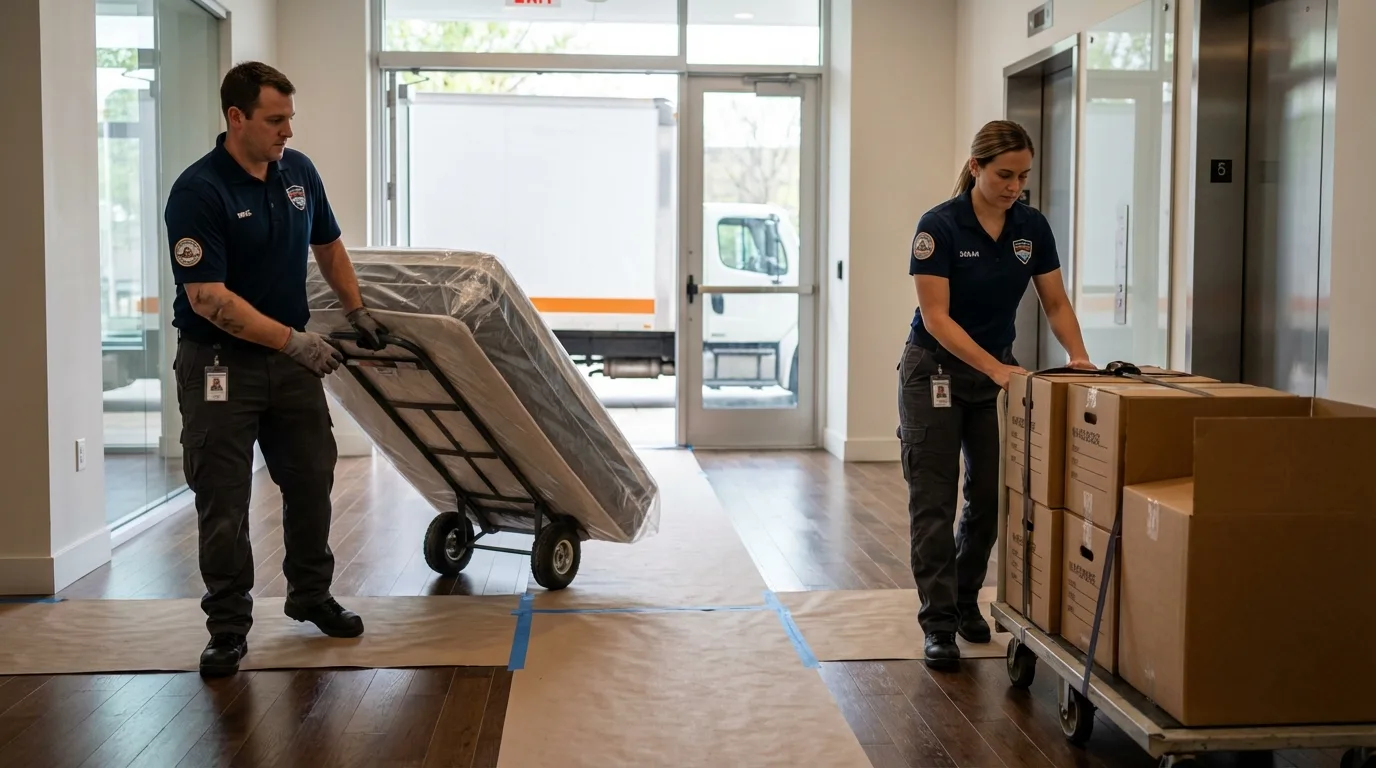 Professional apartment movers loading elevator in Inwood, WV